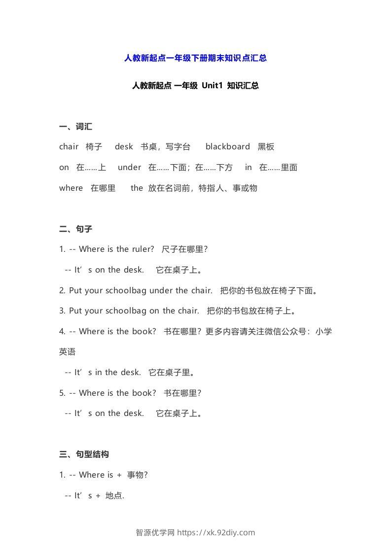 一年级英语下册期末知识点汇总8页-智源优学网