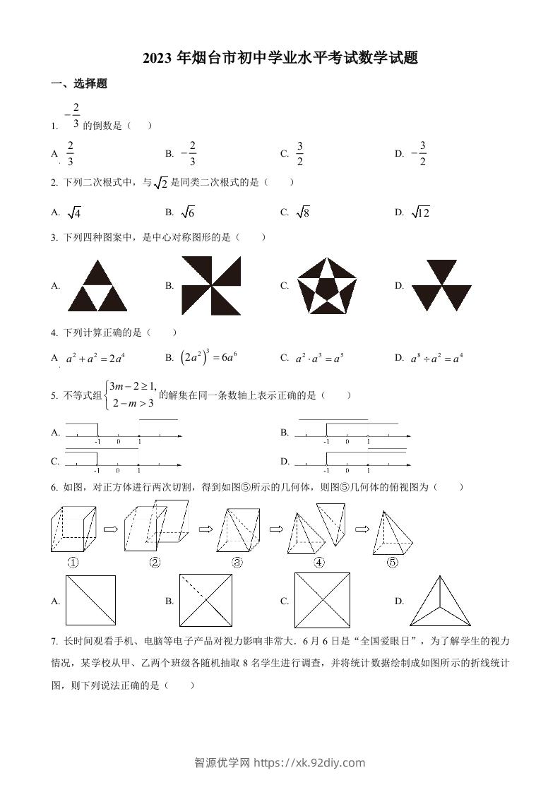 2023年山东省烟台市中考数学真题（空白卷）-智源优学网