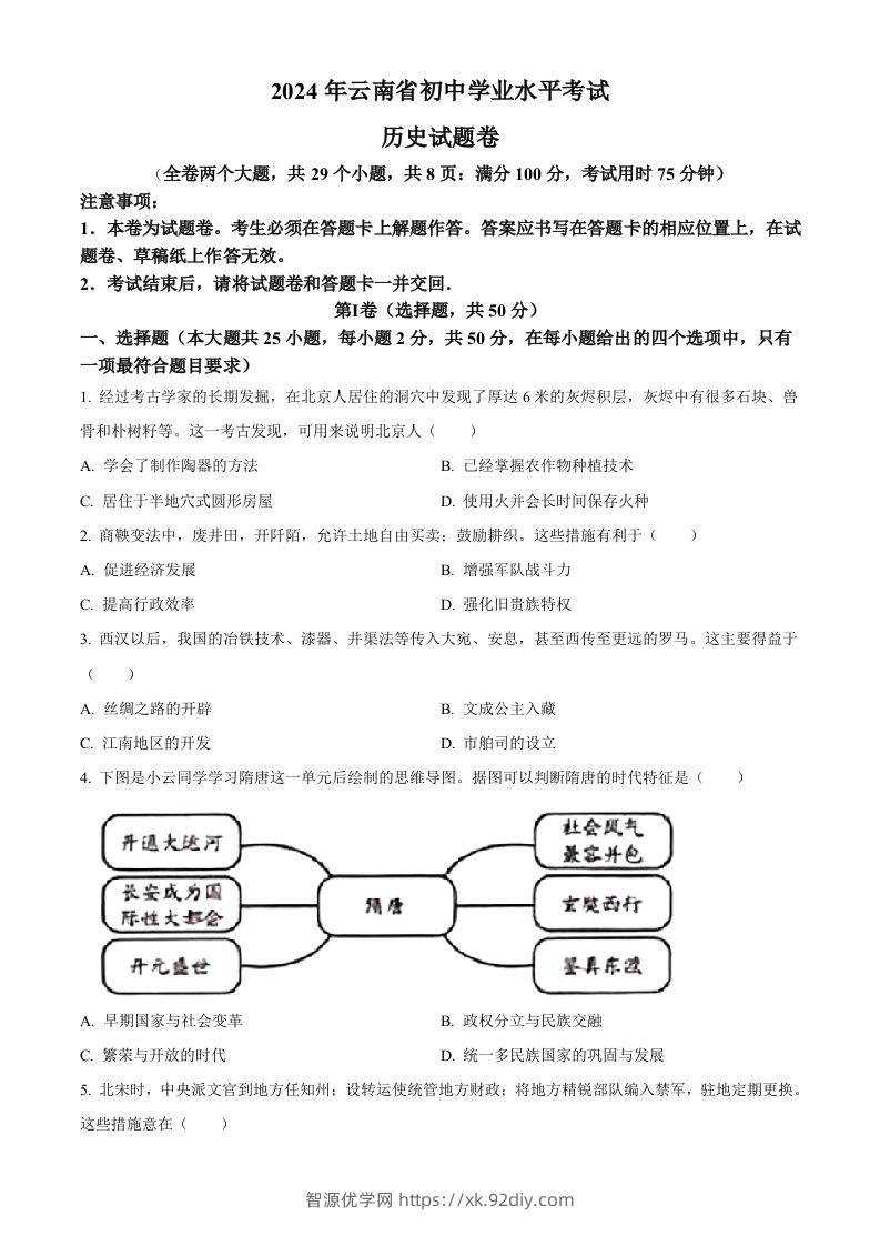 2024年云南省中考历史真题（空白卷）-智源优学网