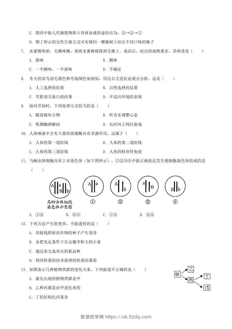 图片[2]-2020-2021学年山西省临汾市襄汾县八年级下学期期末生物试题及答案(Word版)-智源优学网