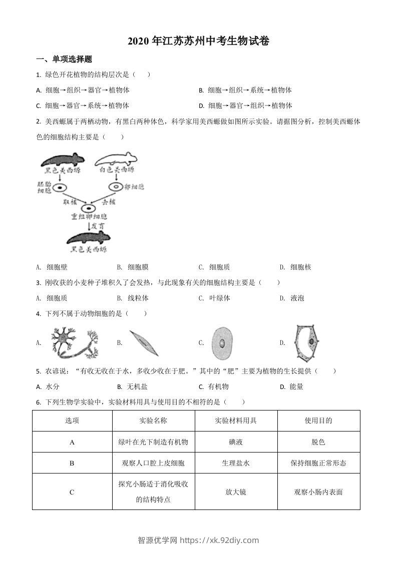 江苏省苏州市2020年学业考试生物试题（空白卷）-智源优学网