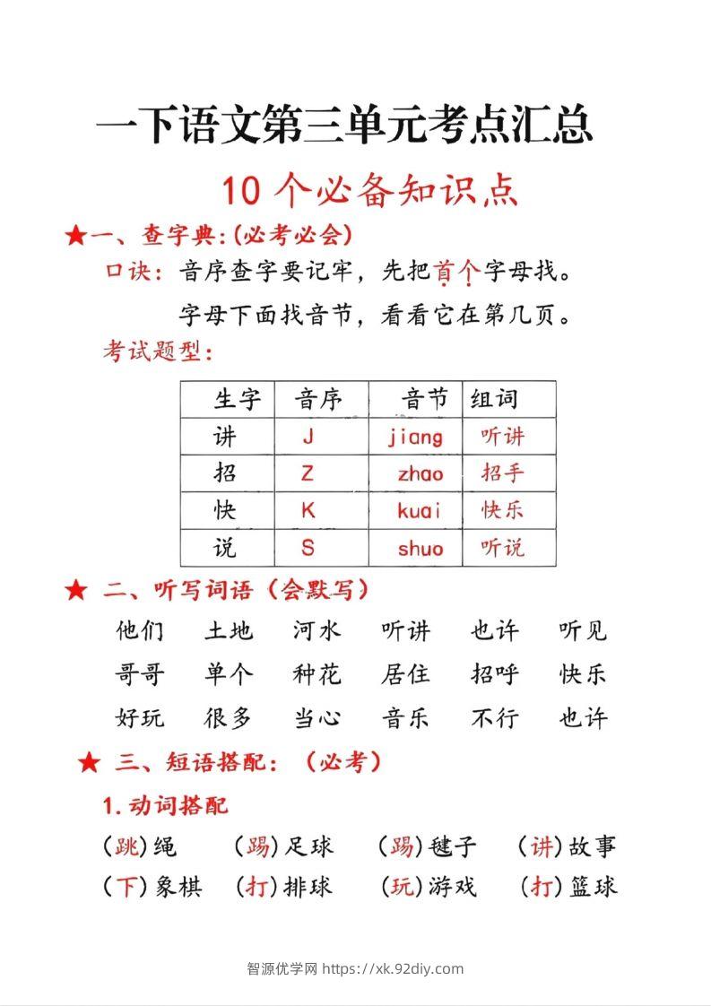 一年级下册语文第三单元10个必备知识点-智源优学网