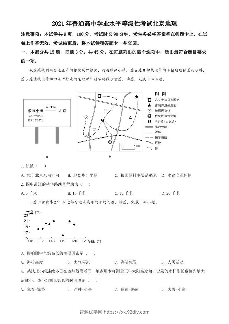 2021年高考地理试卷（北京）（空白卷）-智源优学网