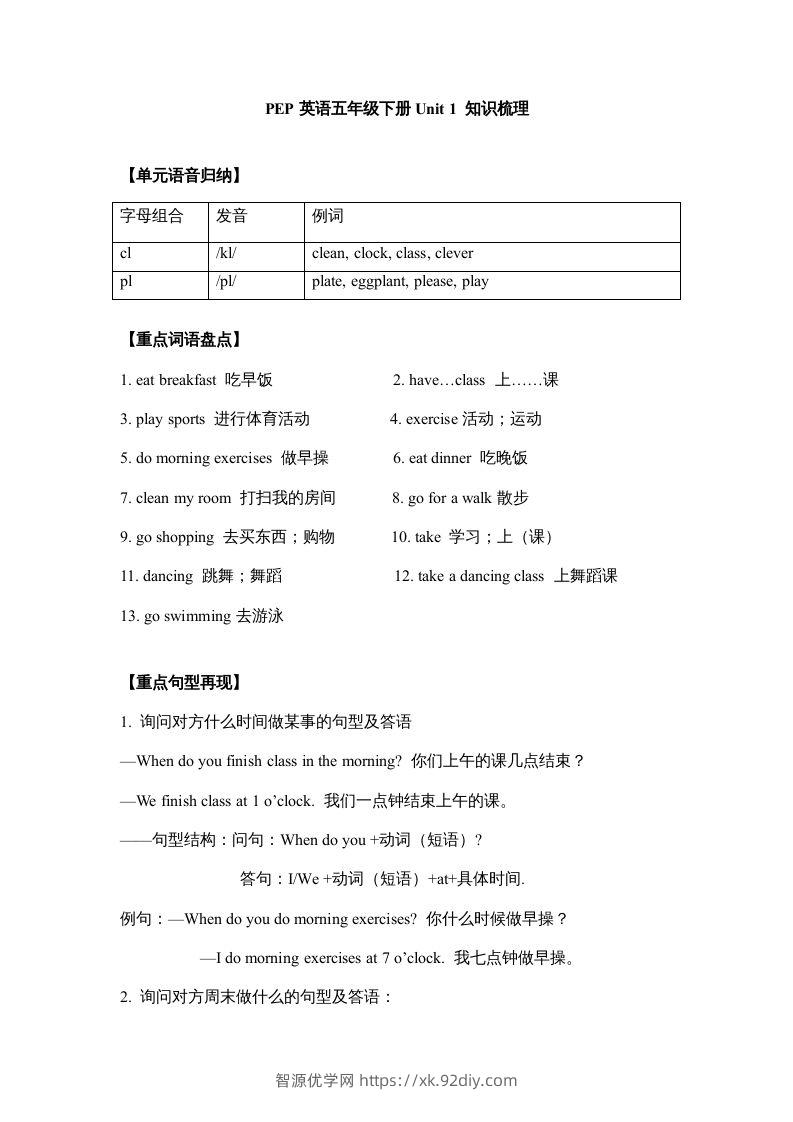 五年级英语下册【完美】单元知识梳理-Unit1Myday（人教PEP版）-智源优学网