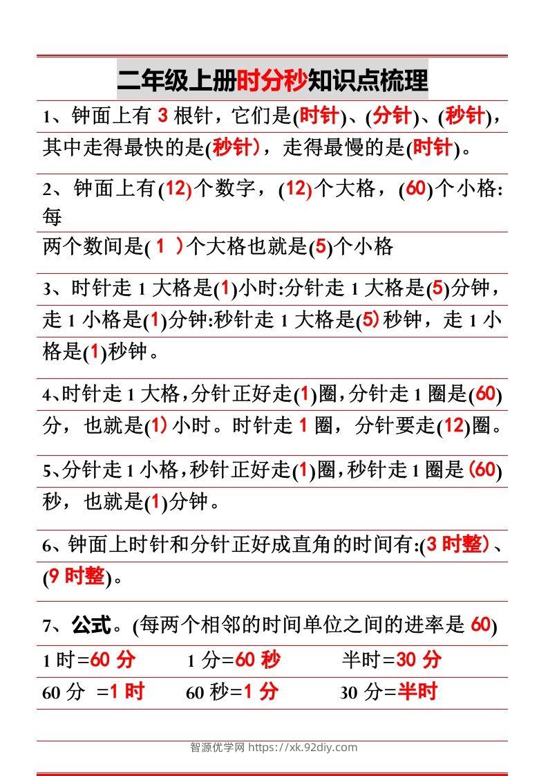 二上数学时分秒知识点梳理-智源优学网
