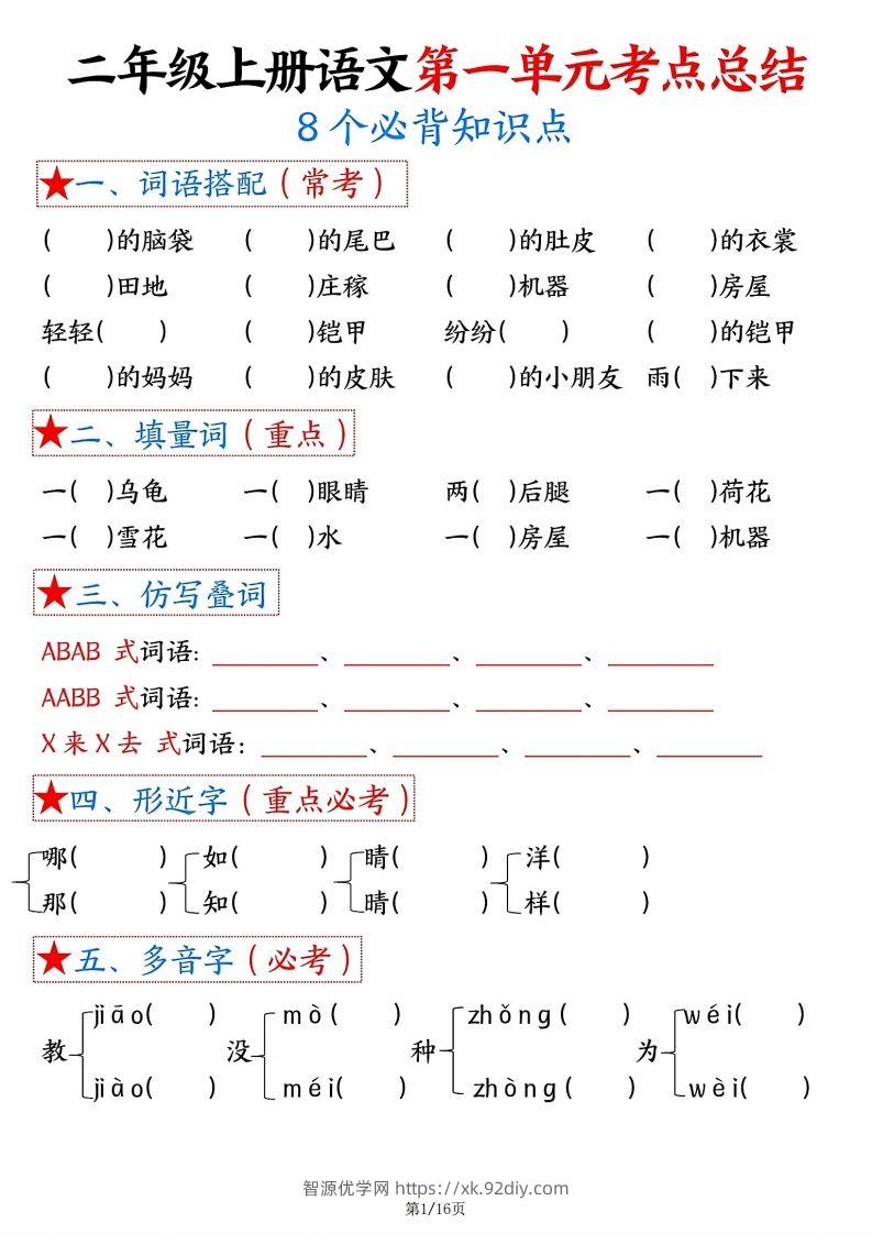 【空白版】二年级上册语文1-8单元考点总结-智源优学网