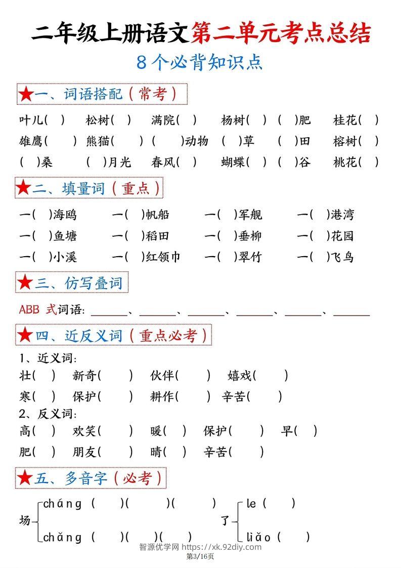 图片[3]-【空白版】二年级上册语文1-8单元考点总结-智源优学网