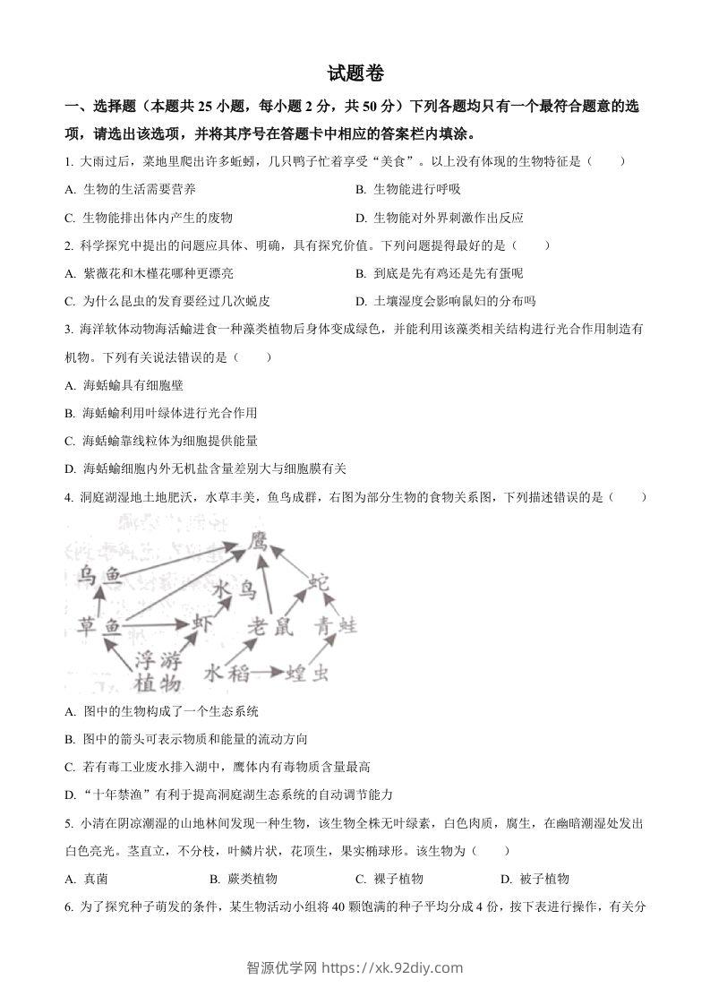 2023年湖南益阳中考生物真题（空白卷）-智源优学网