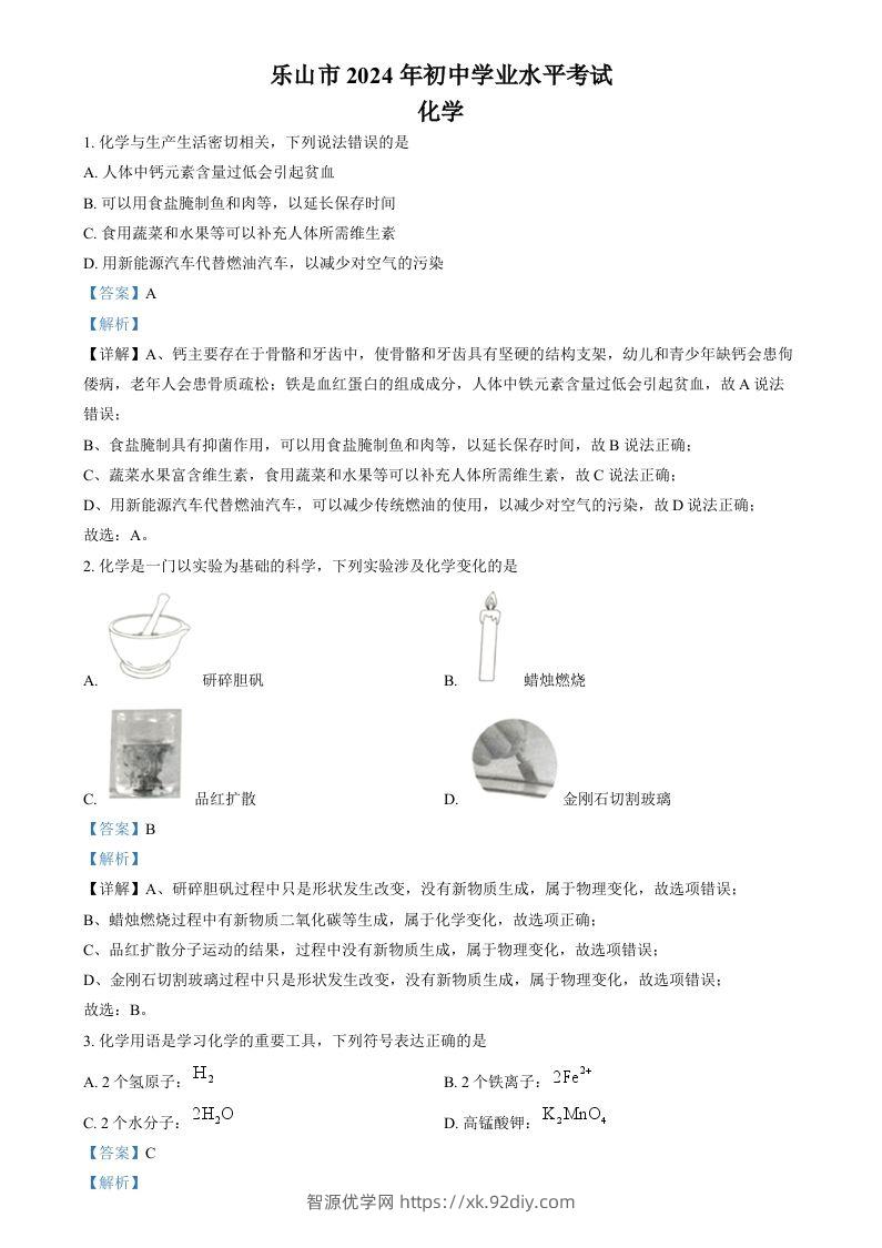 2024年四川省乐山市中考化学真题（含答案）-智源优学网