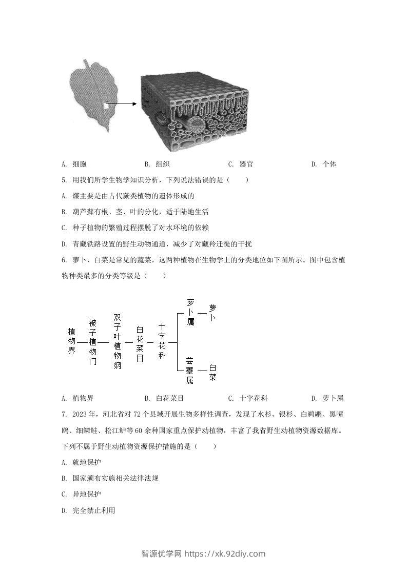 图片[2]-2024年河北中考生物试题及答案(Word版)-智源优学网