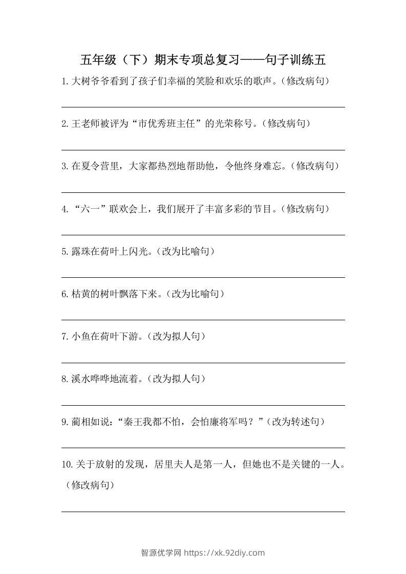 五年级语文下册期末句子训练专项训练（五）（含答案）（部编版）-智源优学网