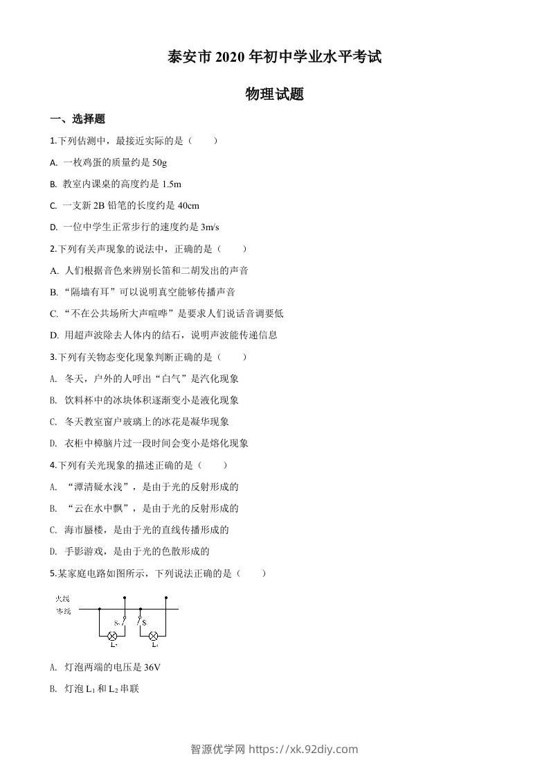 2020年山东省泰安市中考物理试题（空白卷）-智源优学网