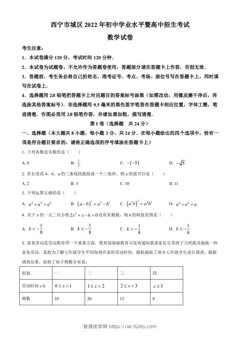 青海省西宁市城区2022年中考数学真题（空白卷）-智源优学网