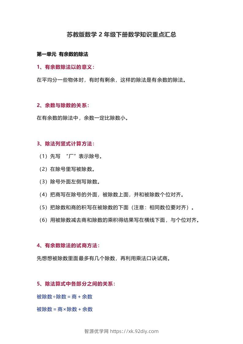 苏教版数学2年级下册数学知识点-智源优学网