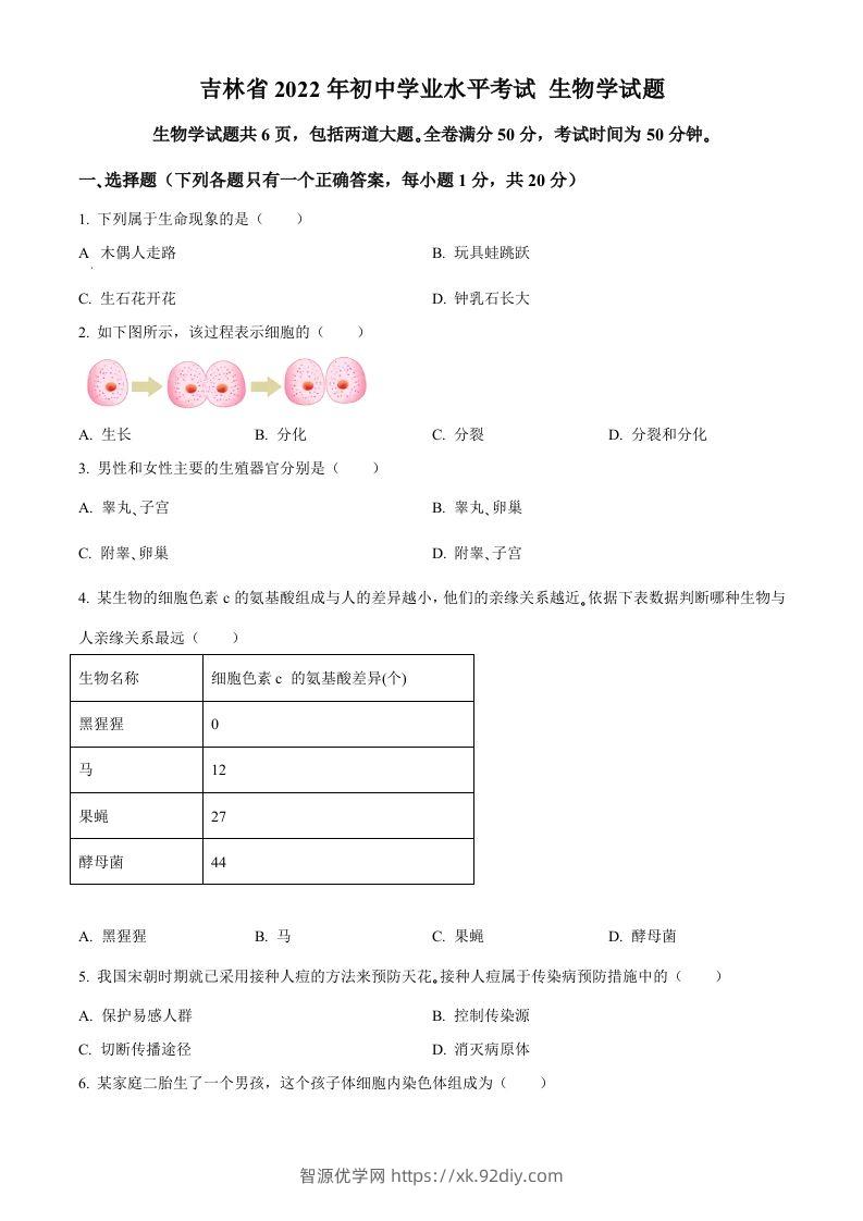 2022年吉林省大安市中考生物真题（空白卷）(1)-智源优学网