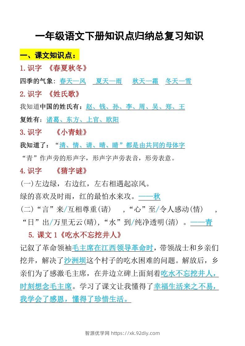 一年级语文下册知识点归纳期末总复习知识-智源优学网