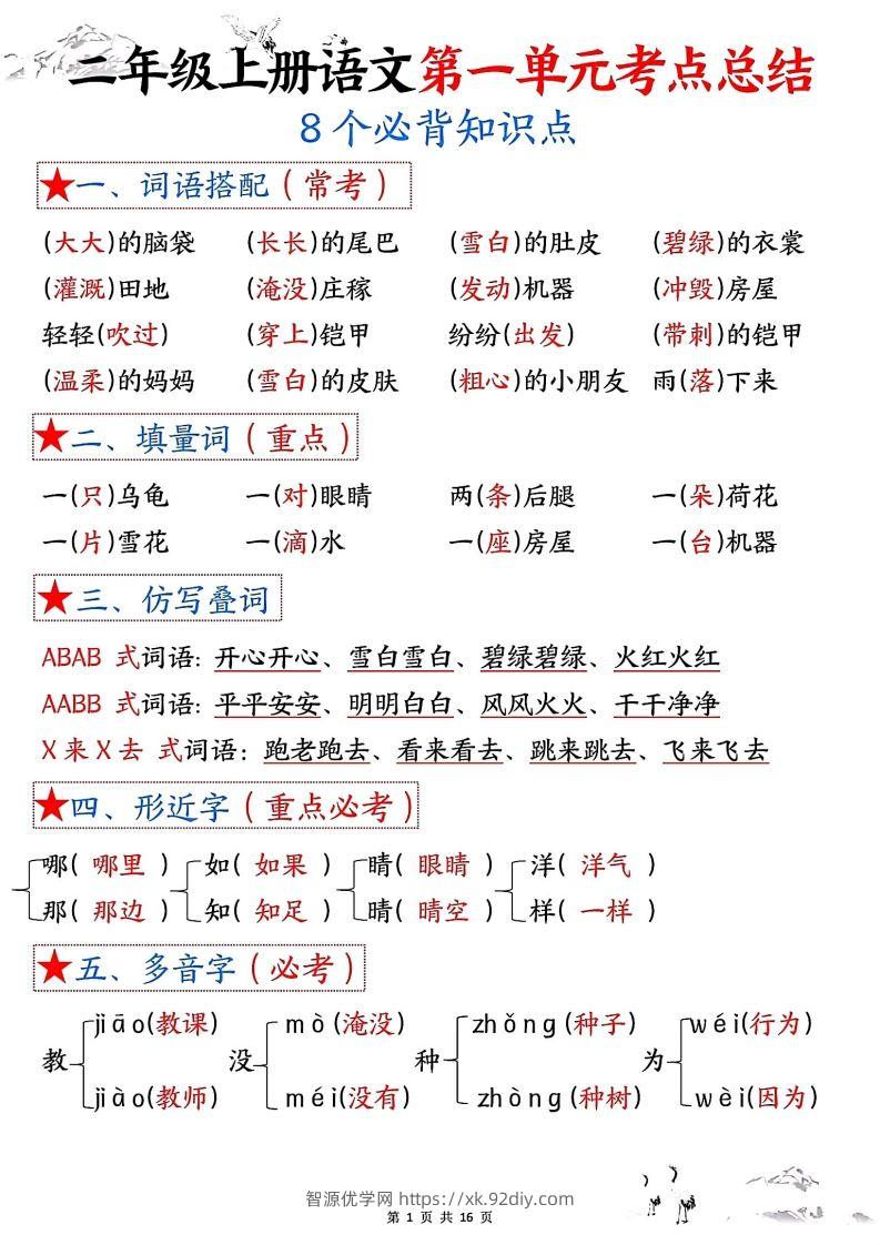 二年级上册语文1-8单元考点总结-智源优学网
