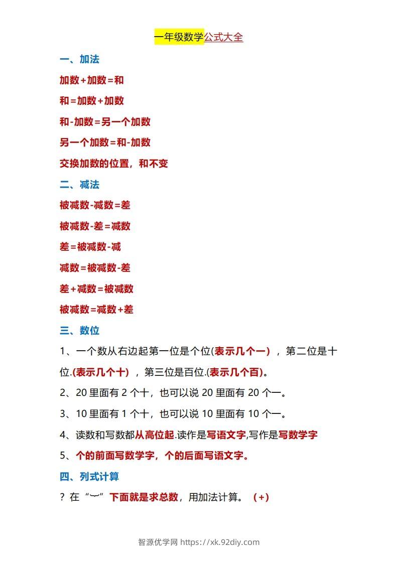 一年级下册数学公式大全-智源优学网