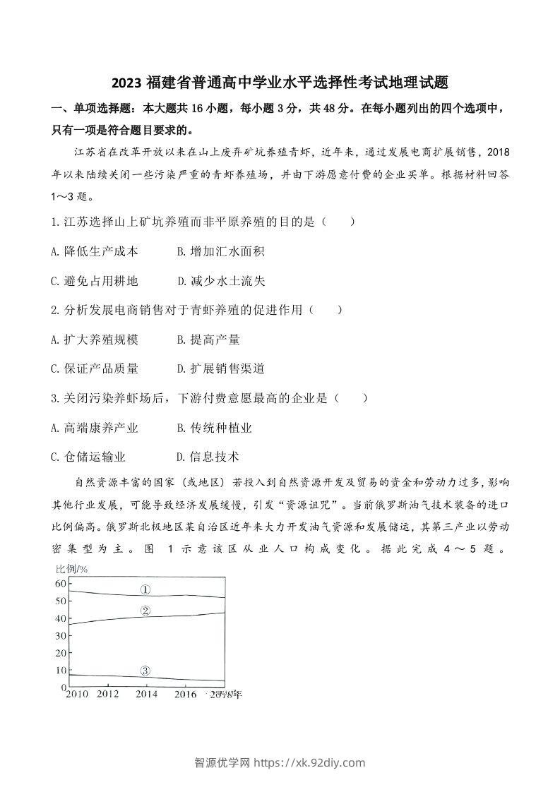 2023年高考地理试卷（福建）（含答案）-智源优学网