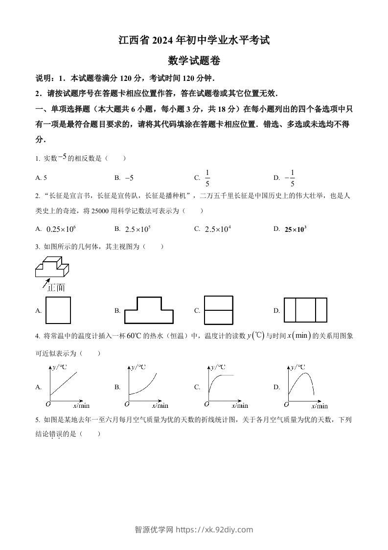 2024年江西省中考数学试题（空白卷）-智源优学网