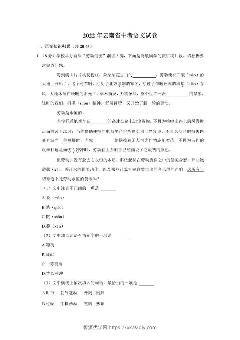2022年云南省中考语文真题-智源优学网