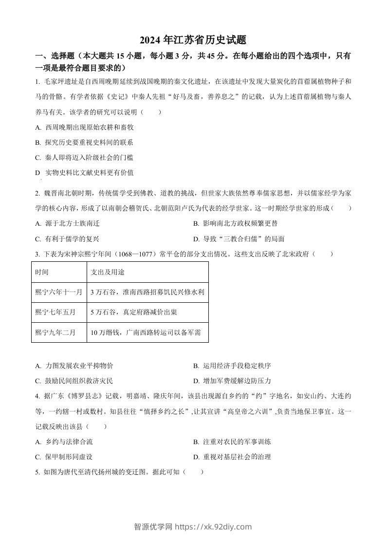 2024年高考历史试卷（江苏）（空白卷）-智源优学网