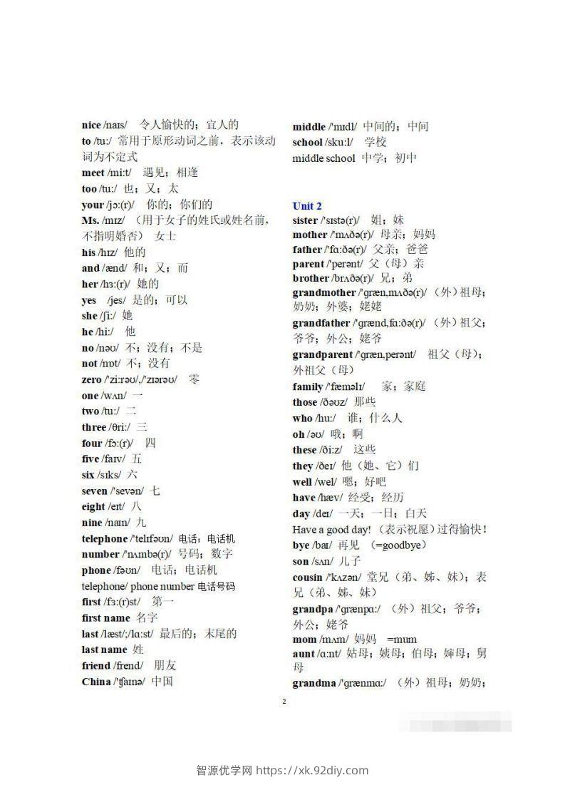 图片[2]-初一英语上册：全册《单词表》（分单元、带音标、词意）-智源优学网