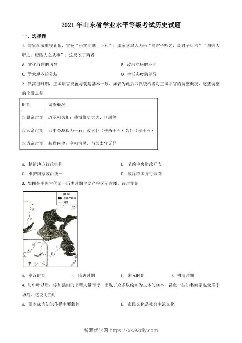 2021年高考历史试卷（山东）（空白卷）-智源优学网