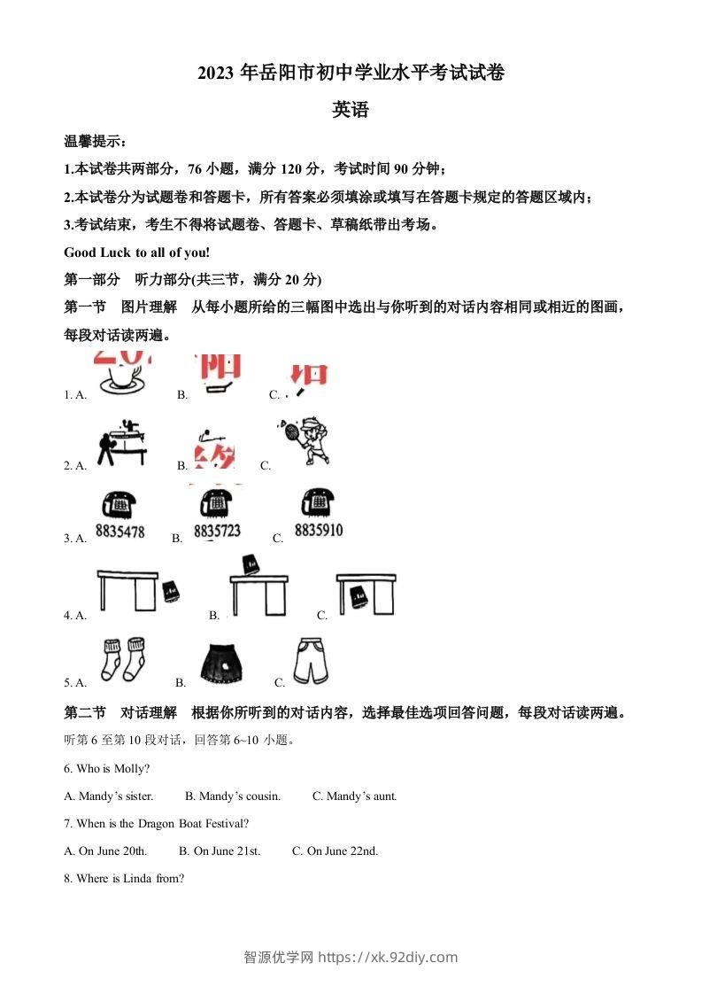 2023年湖南省岳阳市中考英语真题（含答案）-智源优学网