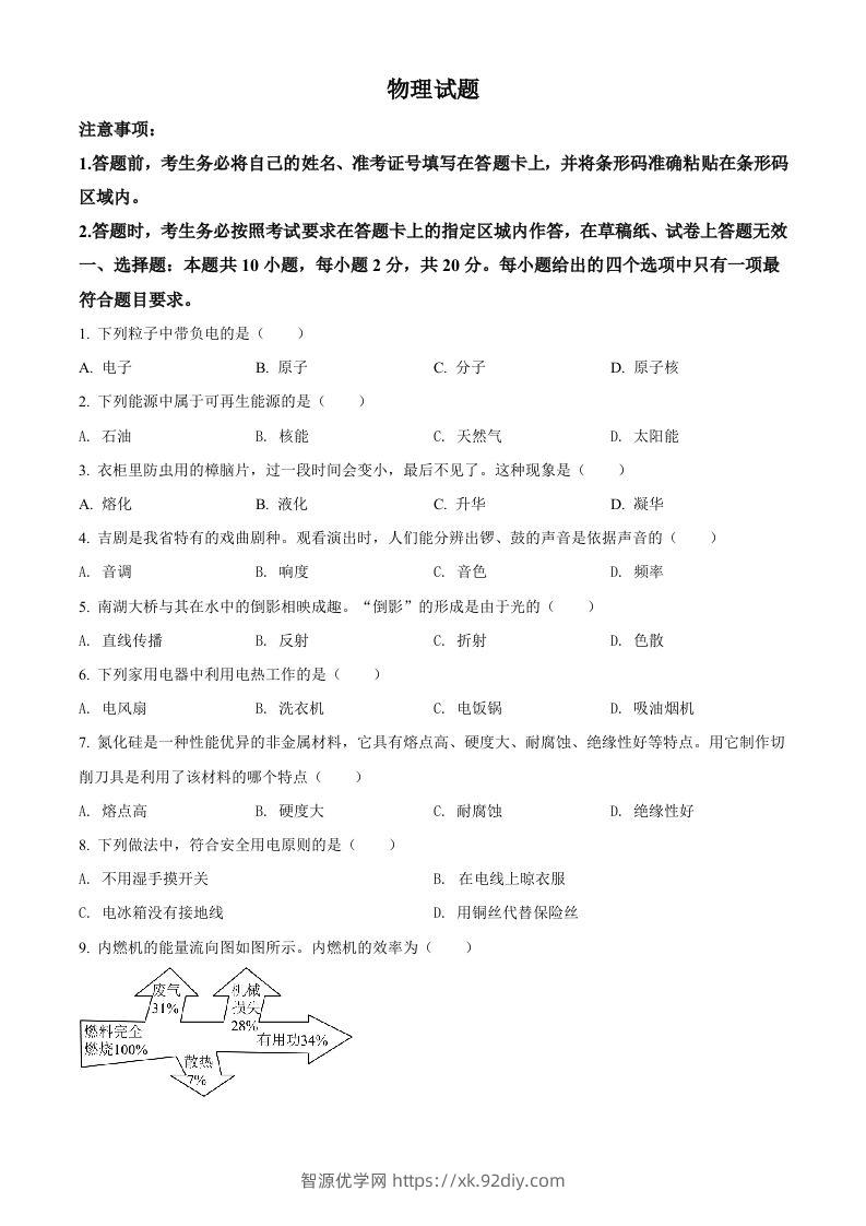 2022年吉林省长春市中考物理试题（空白卷）-智源优学网