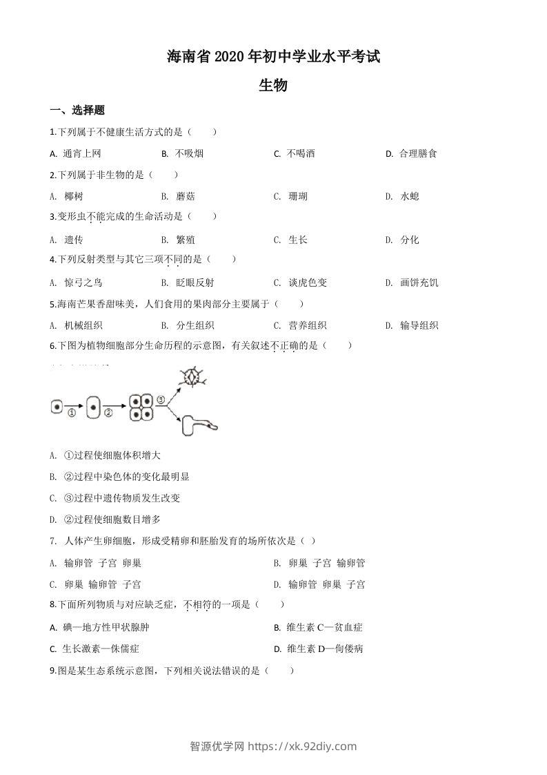 海南省2020年中考生物试题（空白卷）-智源优学网