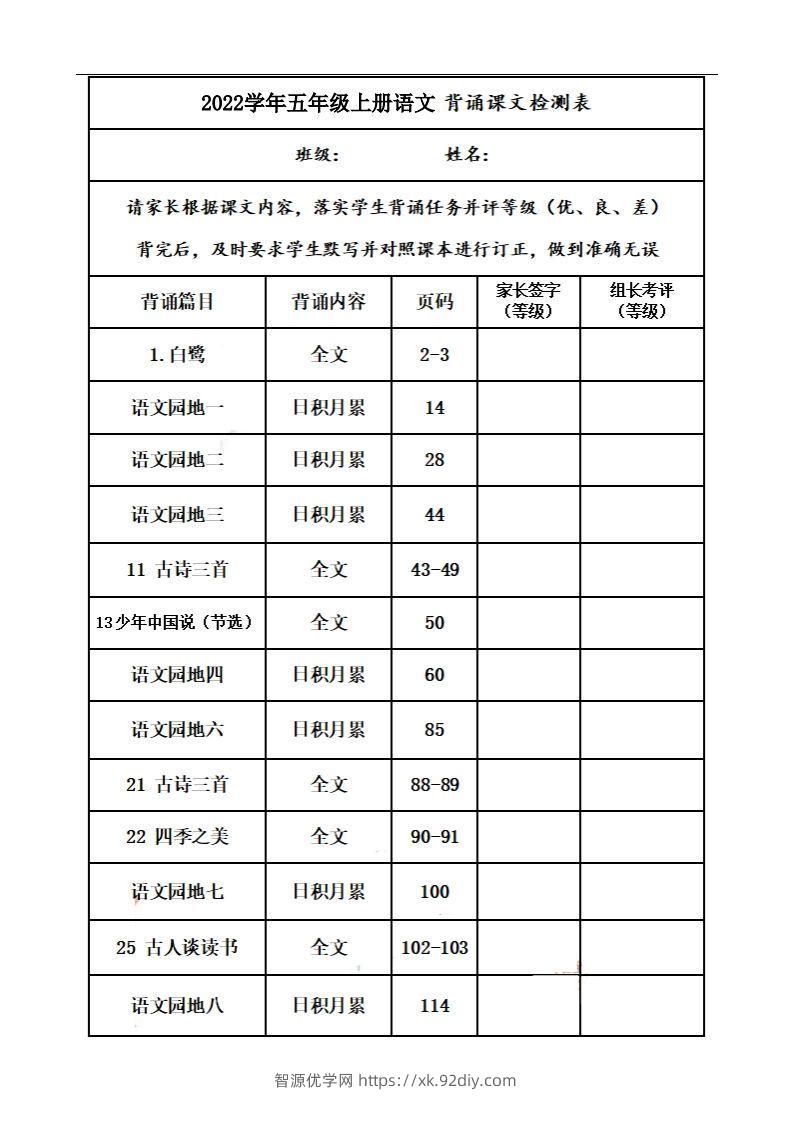 五上语文：课文背诵内容及闯关表-智源优学网