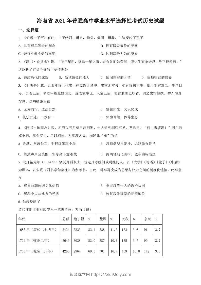 2021年高考历史试卷（海南）（空白卷）-智源优学网