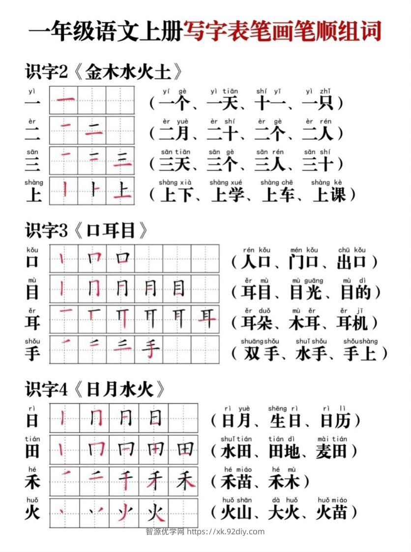 一年级语文上册写字表笔画笔顺组词-智源优学网