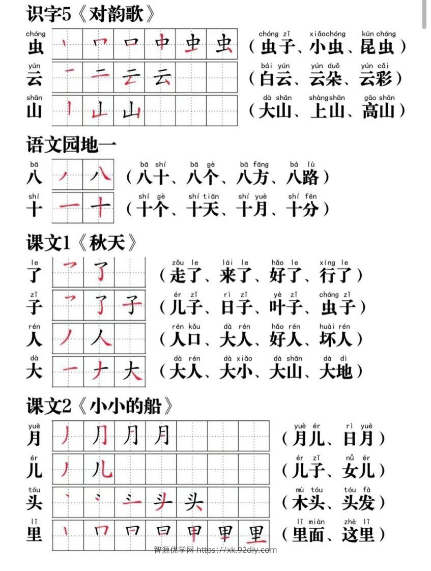 图片[2]-一年级语文上册写字表笔画笔顺组词-智源优学网
