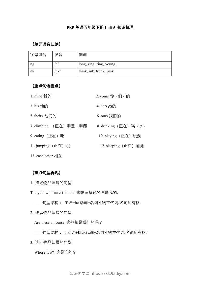 五年级英语下册【完美】单元知识梳理-Unit5Whosedogisit（人教PEP版）-智源优学网