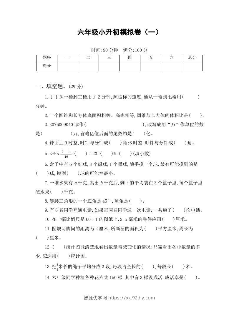 六年级小升初模拟卷（一）(1)-智源优学网