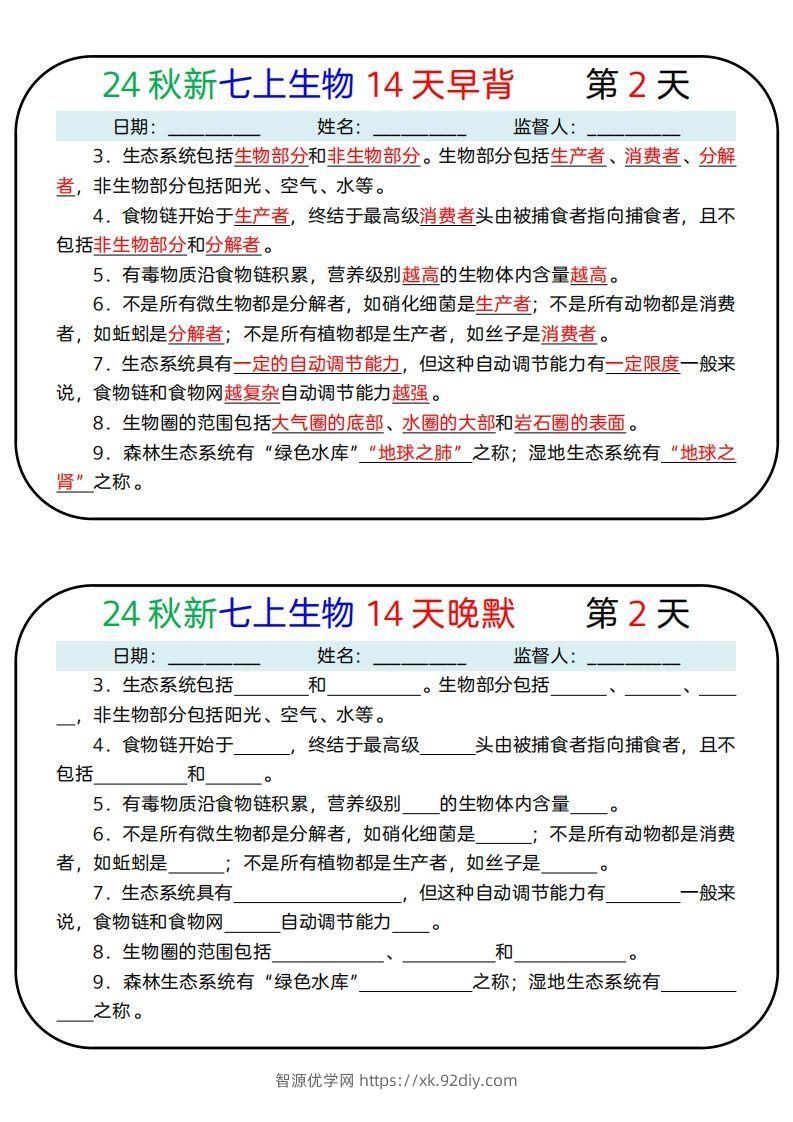 图片[2]-24秋新七上生物14天早背晚默-智源优学网