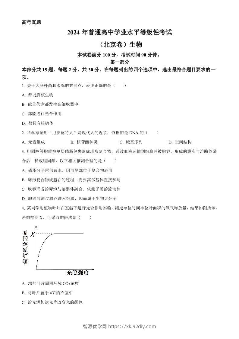 2024年高考生物试卷（北京）（空白卷）-智源优学网