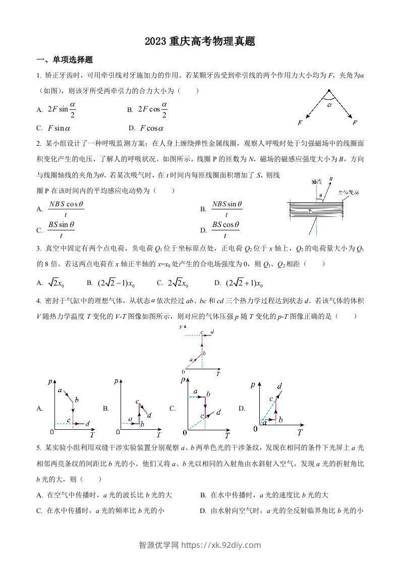 2023年高考物理试卷（重庆）（空白卷）-智源优学网