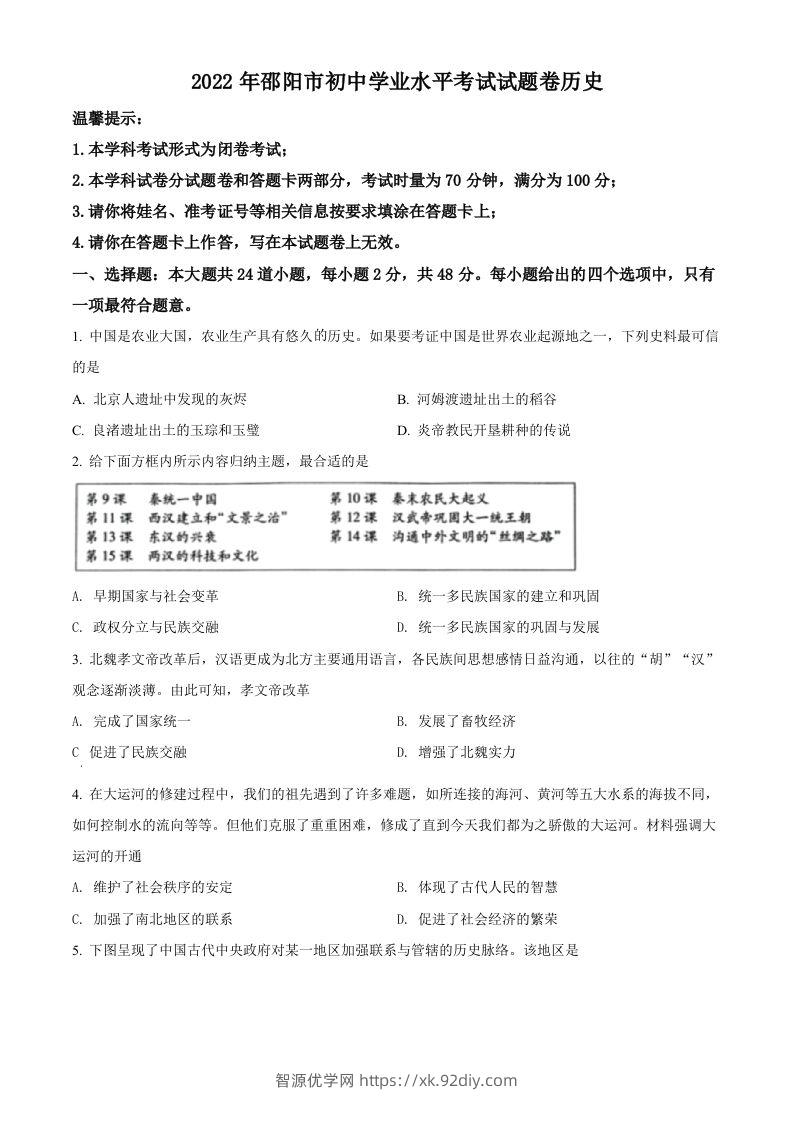 2022年湖南省邵阳市中考历史真题（空白卷）-智源优学网