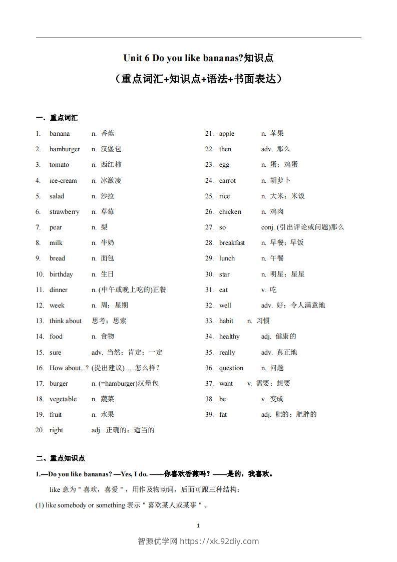 人教版英语七年级上Unit6Doyoulikebananas知识点-智源优学网