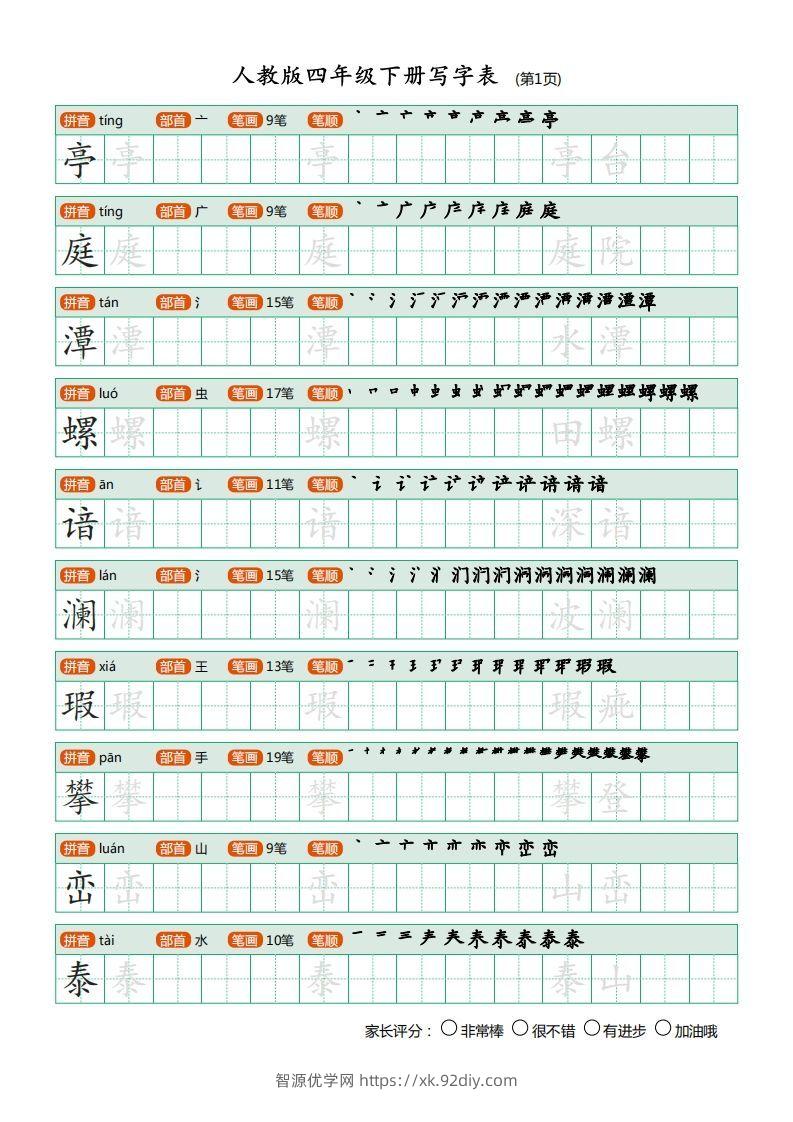 四年级语文下册写字表（20页）PDF（部编版）-智源优学网