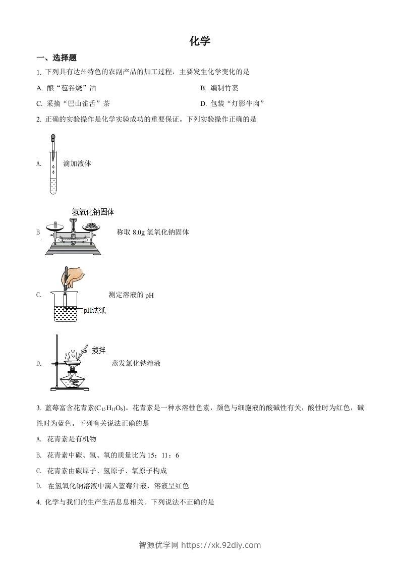 2022年四川省达州市中考化学真题（空白卷）-智源优学网