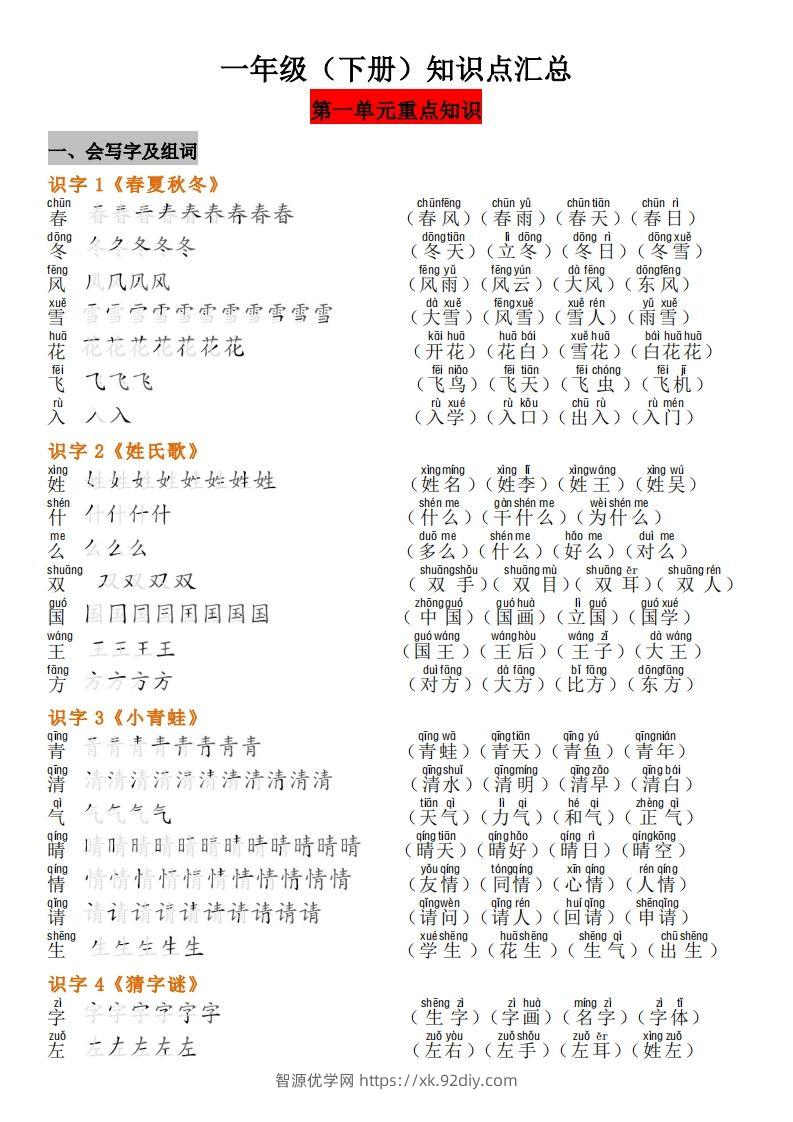 一年级（下册）知识点汇总-智源优学网