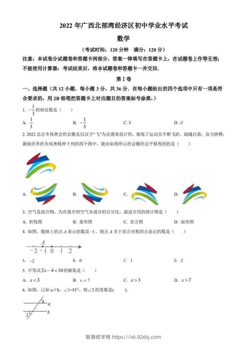2022年广西北部湾经济区中考数学真题（空白卷）-智源优学网
