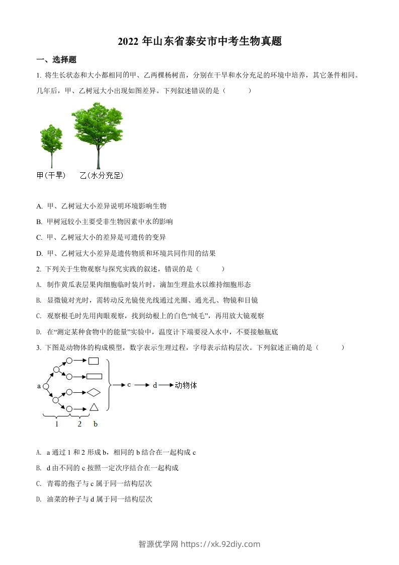 2022年山东省泰安市中考生物真题（空白卷）-智源优学网