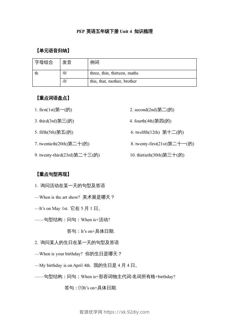 五年级英语下册【完美】单元知识梳理-Unit4Whenistheartshow（人教PEP版）-智源优学网
