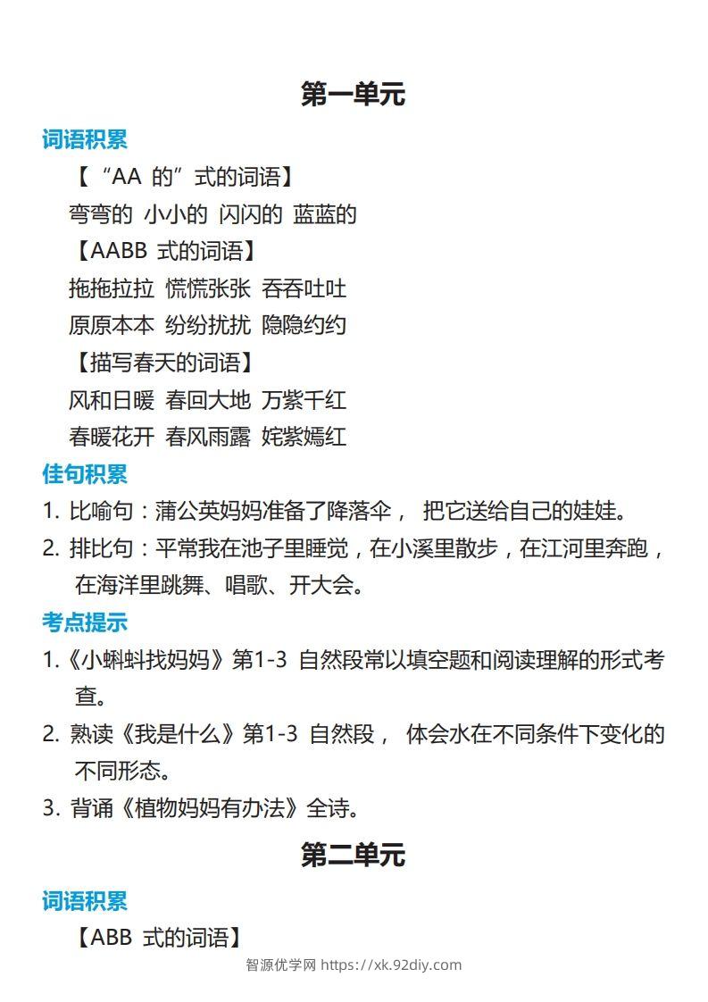 二年级语文上册词语归类积累课文佳句汇总-智源优学网