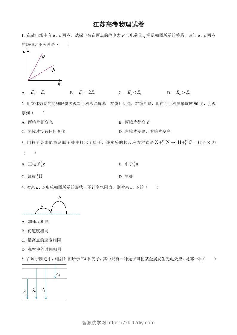 2024年高考物理试卷（江苏）（回忆版）（空白卷）缺第8题、第16题-智源优学网